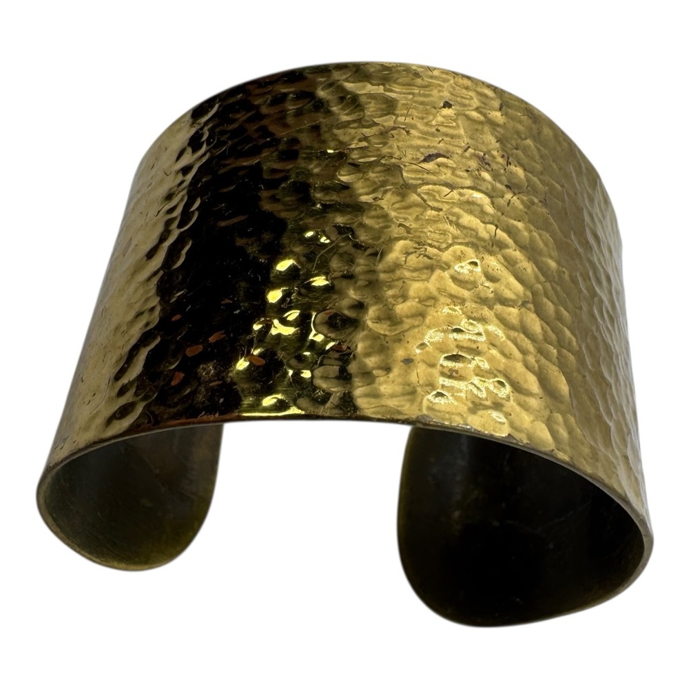 Hammered Brass Tone Wide Cuff Bracelet Open Bangle Artisan Style 2.25” Inner‎